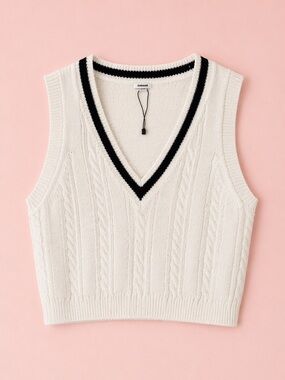Garage Preppy Cable Knit Sweater Vest White & Black Trim XS